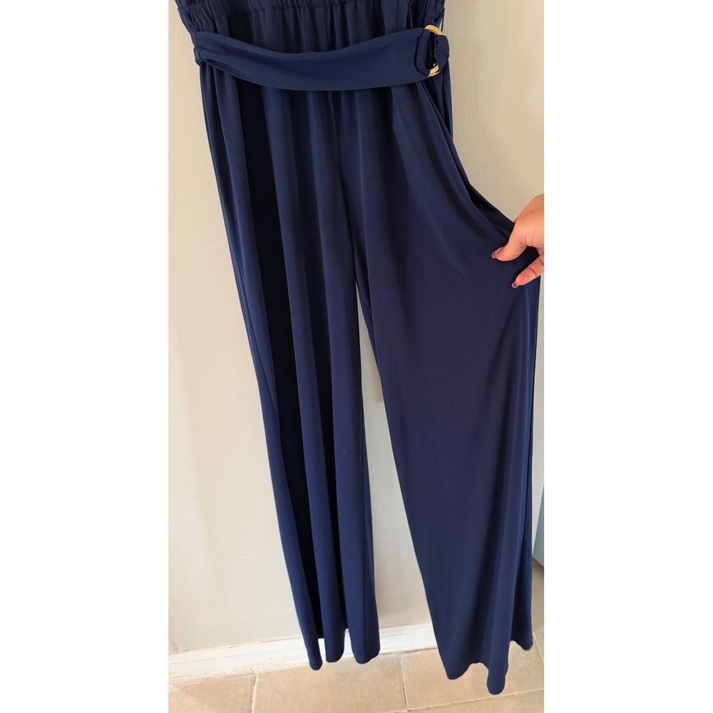 Michael Kors Navy Blue Studded Neck Wide Leg Jumpsuit Gold Hardware Sleeveless - Picture 3 of 8